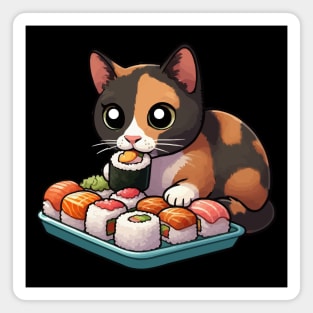 Tortie Cat Eating Sushi Magnet